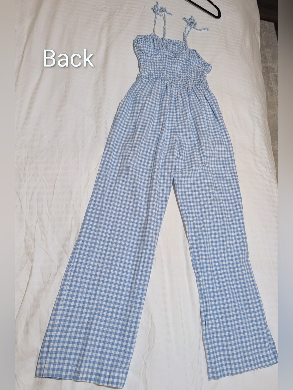 Sleeveless Blue Gingham Jumpsuit with Smocked Waist - Picture 2 of 6